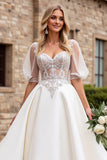 lvory A Line Half Sleeves Appliqued Long Wedding Dress