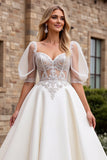 lvory A Line Half Sleeves Appliqued Long Wedding Dress