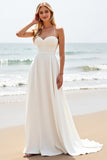 Simple White A-Line Spaghetti Straps Satin Long Bridal Dress