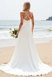 Simple White A-Line Spaghetti Straps Satin Long Bridal Dress