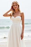 Simple White A-Line Spaghetti Straps Satin Long Bridal Dress