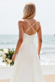 Simple White A-Line Spaghetti Straps Satin Long Bridal Dress