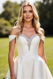 White A-Line Rhinestones Off The Shoulder Satin Long Bridal Dress