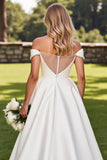White A-Line Rhinestones Off The Shoulder Satin Long Bridal Dress