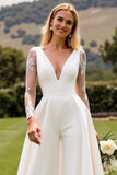 White Bodycon Deep V Neck Long Sleeves Satin Bridal Jumpsuit