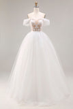 White Off The Shoulder A-Line Tulle Long Bridal Dress With Appliques
