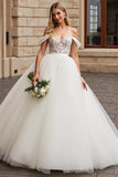 White Off The Shoulder A-Line Tulle Long Bridal Dress With Appliques