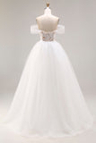 White Off The Shoulder A-Line Tulle Long Bridal Dress With Appliques