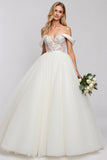 White Off The Shoulder A-Line Tulle Long Bridal Dress With Appliques