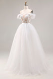Ivory Off The Shoulder Embroidered Tulle Long Ball Gown Wedding Dress