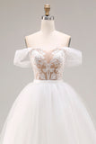 White Off The Shoulder A-Line Tulle Long Bridal Dress With Appliques