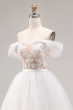 White Off The Shoulder A-Line Tulle Long Bridal Dress With Appliques