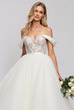 White Off The Shoulder A-Line Tulle Long Bridal Dress With Appliques