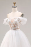 Ivory Off The Shoulder Embroidered Tulle Long Ball Gown Wedding Dress