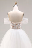 Ivory Off The Shoulder Embroidered Tulle Long Ball Gown Wedding Dress