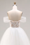 White Off The Shoulder A-Line Tulle Long Bridal Dress With Appliques