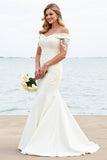 White Mermaid Off The Shoulder Satin Long Bridal Dress With Lace