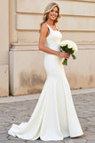 White Mermaid Square Neck Satin Long Bridal Dress