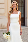 White Mermaid Square Neck Satin Long Bridal Dress