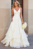 White A-line Spaghetti Straps Ruffled Long Wedding Dress