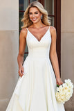 White A-line Spaghetti Straps Ruffled Long Wedding Dress