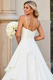 White A-line Spaghetti Straps Ruffled Long Wedding Dress