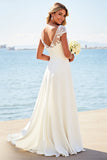 White Sheath Laced Scoop Satin Long Bridal Dress
