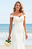 White Mermaid Off the Shoulder Satin Long Bridal Dress with Lace