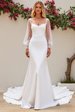 Ivory Mermaid V Neck Long Sleeves Satin Bridal Dress With Lace