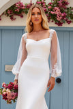 Ivory Mermaid V Neck Long Sleeves Satin Bridal Dress With Lace
