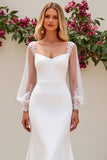 Ivory Mermaid V Neck Long Sleeves Satin Bridal Dress With Lace