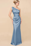 Dusty Blue One Shoulder Sheath Ruched Bridesmaid Dress