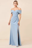 Dusty Blue Off the Shoulder Ruched Long Bridesmaid Dress with Slit