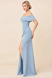 Dusty Blue Off the Shoulder Ruched Long Bridesmaid Dress with Slit