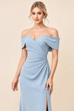 Dusty Blue Off the Shoulder Ruched Long Bridesmaid Dress with Slit