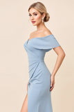 Dusty Blue Off the Shoulder Ruched Long Bridesmaid Dress with Slit