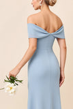 Dusty Blue Off the Shoulder Ruched Long Bridesmaid Dress with Slit