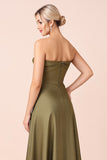 Olive Sweetheart A Line Long Bridesmaid Dress with Slit
