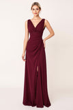 Burgundy V Neck Sheath Long Bridesmaid Dress with Slit