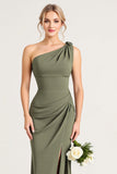 Eucalyptus One Shoulder Sheath Long Bridesmaid Dress with Slit