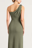 Eucalyptus One Shoulder Sheath Long Bridesmaid Dress with Slit