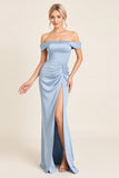 Dusty Blue Off the Shoulder Long Bridesmaid Dress with Slit
