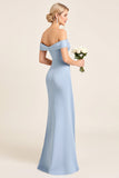 Dusty Blue Off the Shoulder Long Bridesmaid Dress with Slit