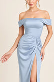 Dusty Blue Off the Shoulder Long Bridesmaid Dress with Slit