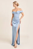 Dusty Blue Mermaid Off the Shoulder Ruched Long Bridesmaid Dress with Slit