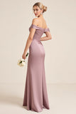 Vintage Mauve Sheath Off the Shoulder Ruched Long Bridesmaid Dress with Slit