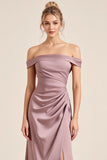 Vintage Mauve Sheath Off the Shoulder Ruched Long Bridesmaid Dress with Slit