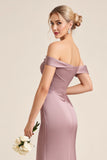 Vintage Mauve Sheath Off the Shoulder Ruched Long Bridesmaid Dress with Slit