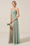 Matcha A-Line Spaghetti Straps Ruched Tulle Long Bridesmaid Dress with Slit