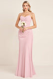 Candy Pink Mermaid Spaghetti Straps Ruched Satin Long Bridesmaid Dress